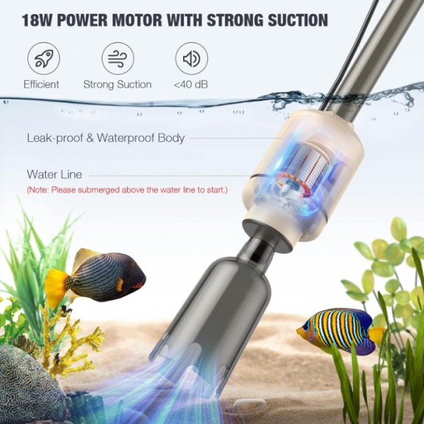 AKKEE Electric Aquarium Gravel Cleaner: 6 in 1 Automatic Fish Tank Gravel Vacuum Cleaning Tools Set for Change Water Wash Sand Water Filter and Water Circulation, DC 12V, 18W, Beige